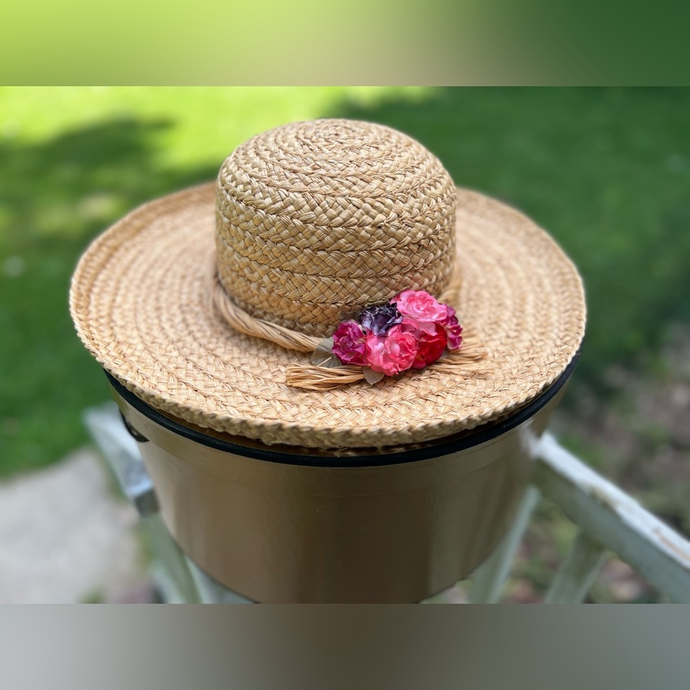 Women’s straw hat with floral design and vintage Sherels NY hat box